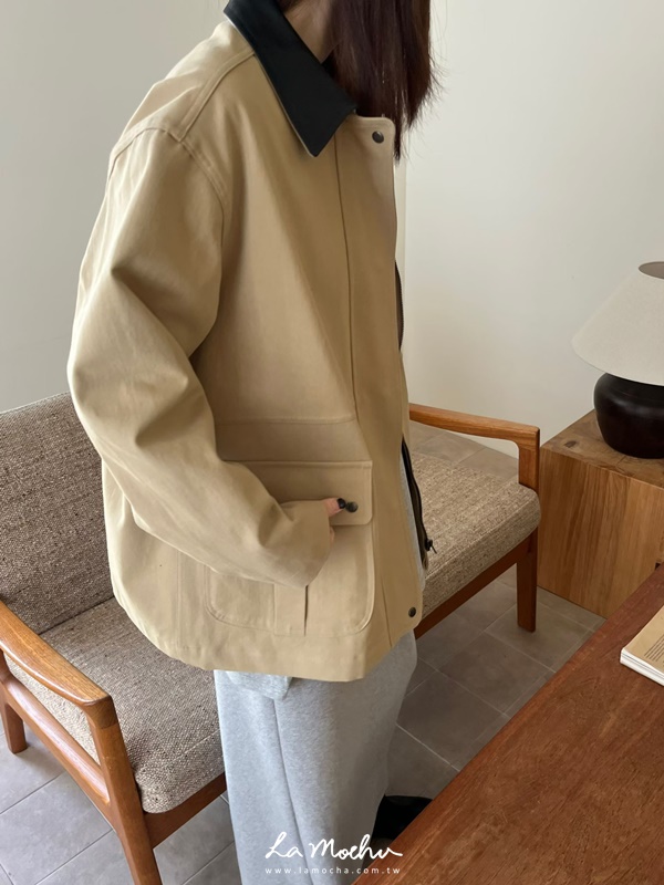 皮革領口袋剪裁巴恩風外套